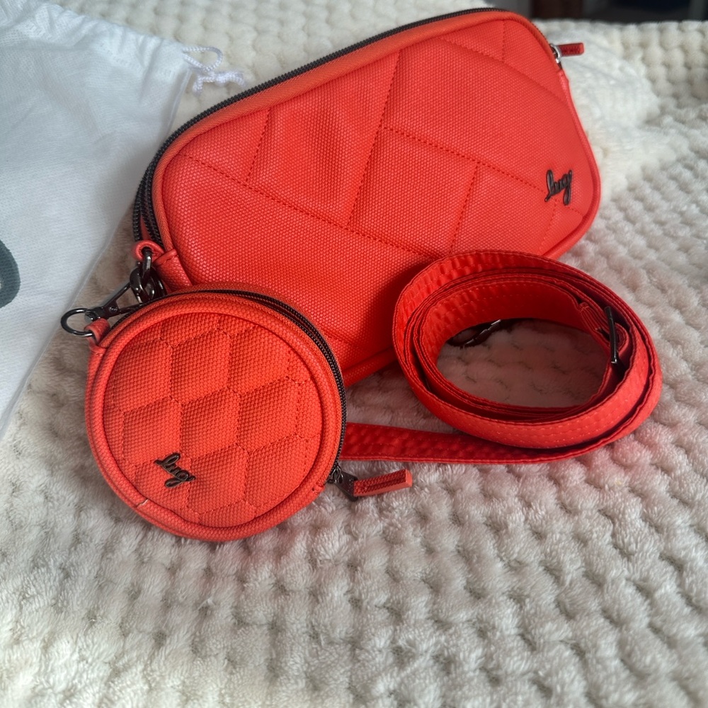 Lug Quilted Crossbody Bag with matching zip pouch papaya orange matte luxe